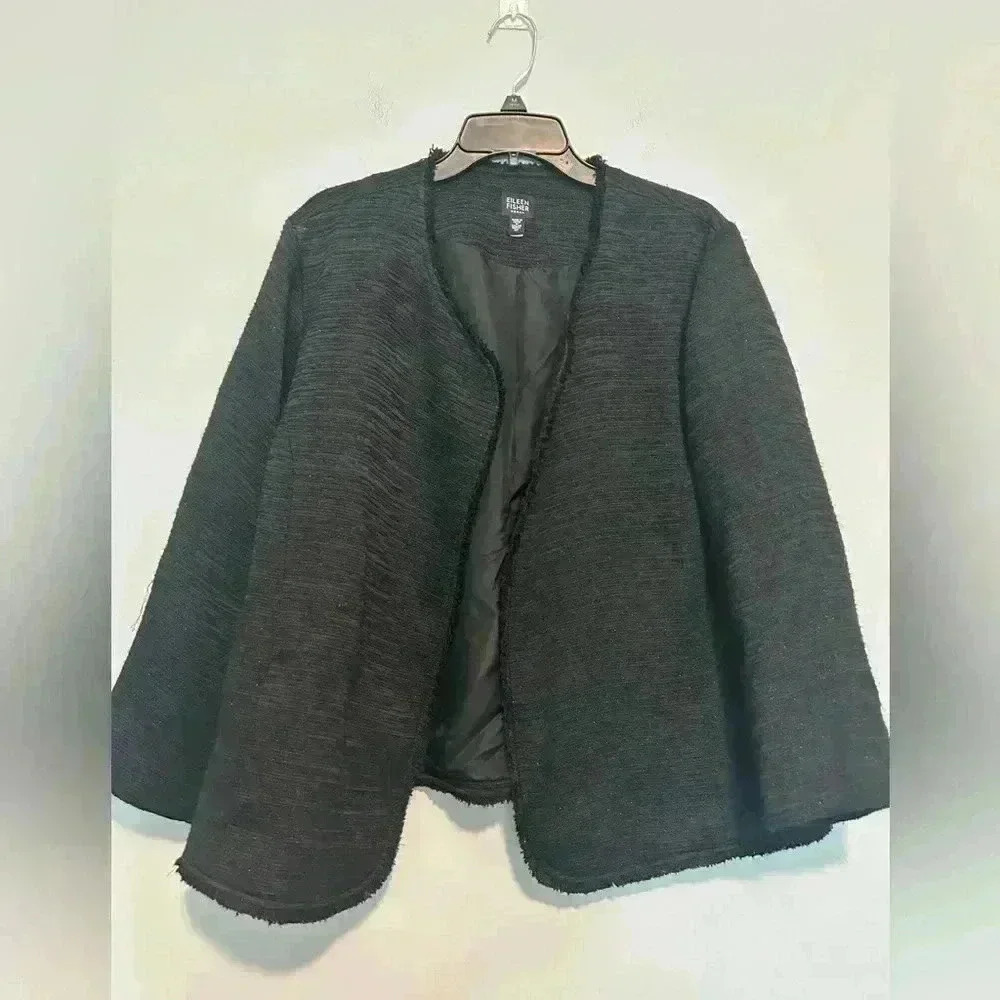 Eileen Fisher Tweed Silk Lined Womens Jacket Size 1X Black Sparkled